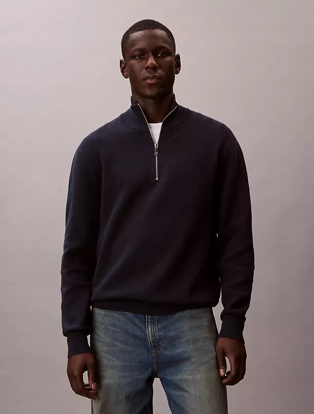 Maglione in cotone liscio con zip a un quarto Maglione in cotone liscio con zip a un quarto