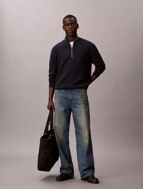 Maglione in cotone liscio con zip a un quarto