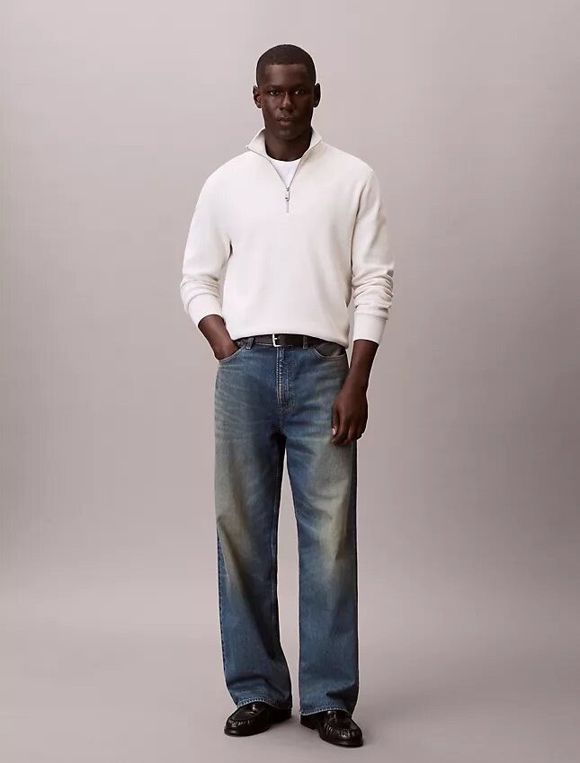 Maglione in cotone liscio con zip a un quarto Maglione in cotone liscio con zip a un quarto