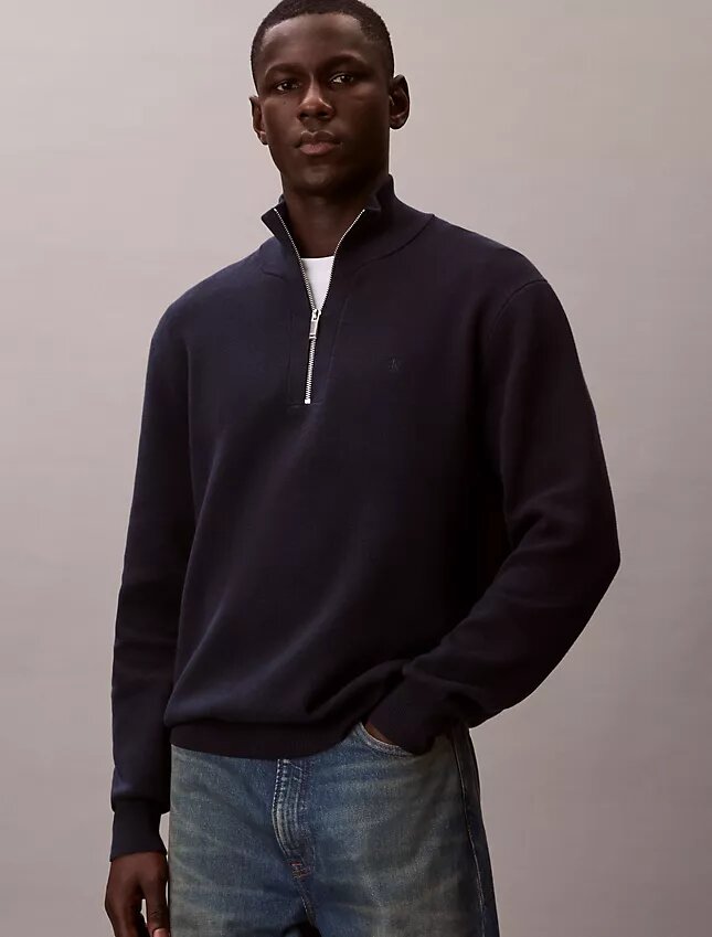 Maglione in cotone liscio con zip a un quarto Maglione in cotone liscio con zip a un quarto