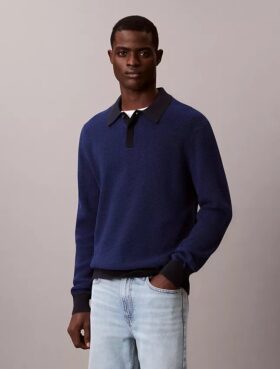 Maglione polo in cotone a trama waffle Maglione polo in cotone a trama waffle