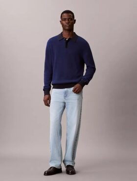 Maglione polo in cotone a trama waffle Maglione polo in cotone a trama waffle