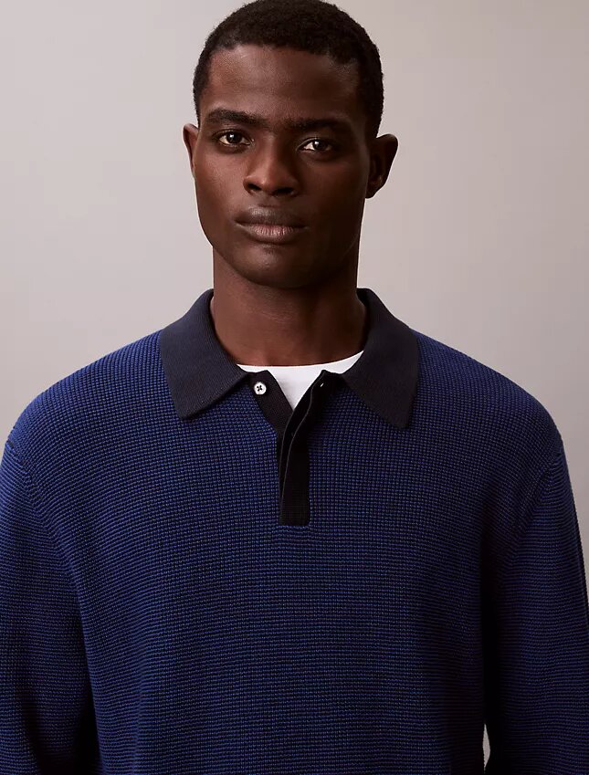 Maglione polo in cotone a trama waffle Maglione polo in cotone a trama waffle