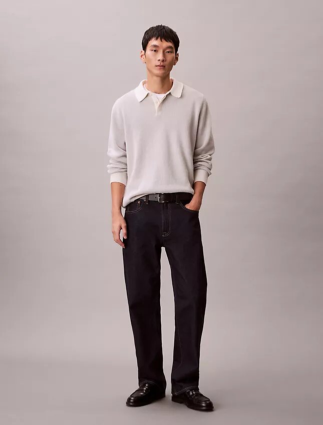 Maglione polo in cotone a trama waffle Maglione polo in cotone a trama waffle