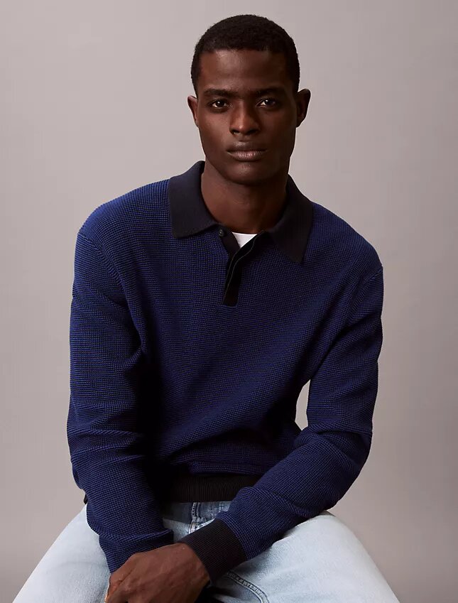 Maglione polo in cotone a trama waffle Maglione polo in cotone a trama waffle