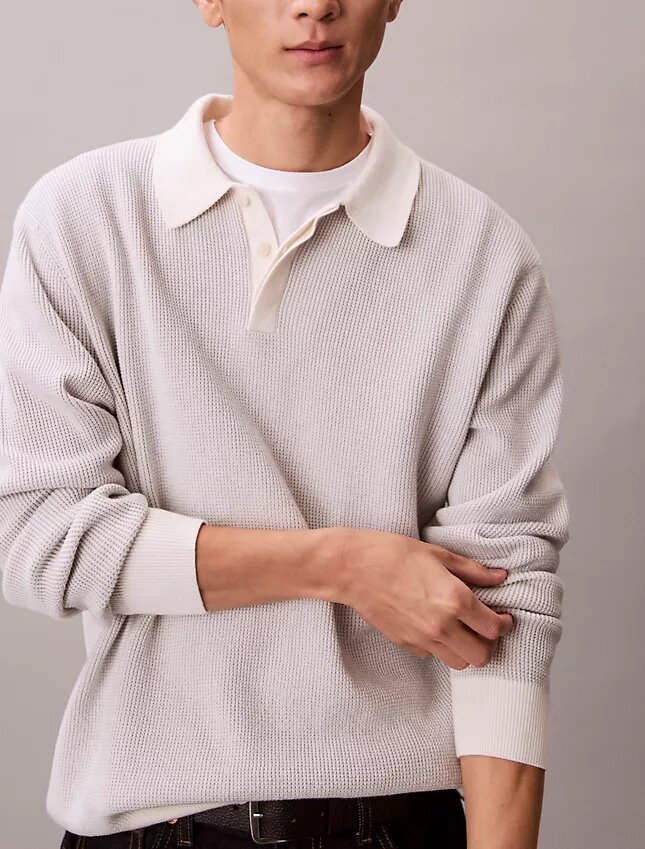 Maglione polo in cotone a trama waffle Maglione polo in cotone a trama waffle