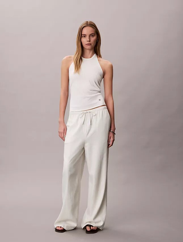 Pantaloni a gamba larga con coulisse in misto lino Pantaloni a gamba larga con coulisse in misto lino