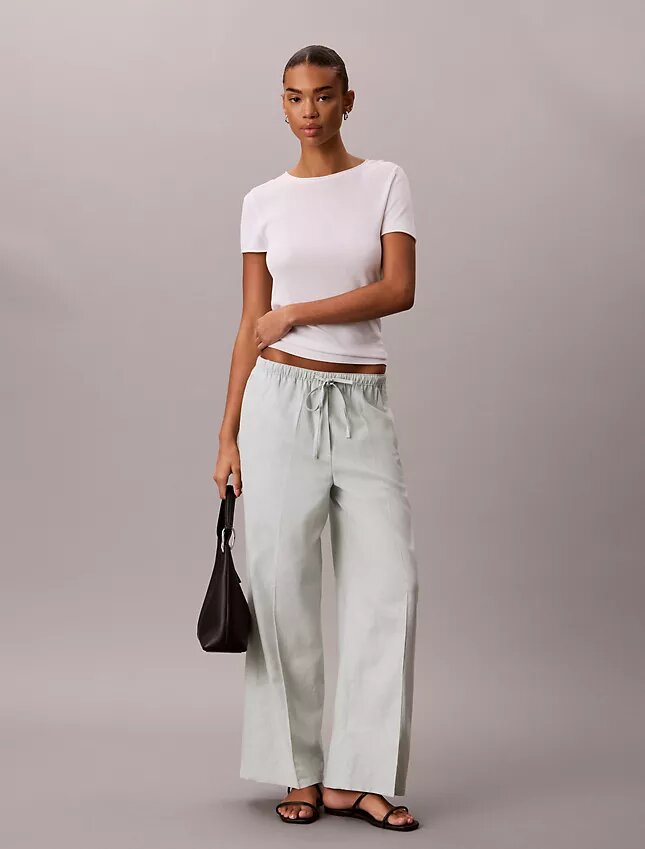 Pantaloni a gamba larga con coulisse in misto lino Pantaloni a gamba larga con coulisse in misto lino