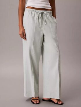 Pantaloni a gamba larga con coulisse in misto lino