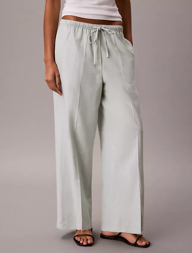 Pantaloni a gamba larga con coulisse in misto lino Pantaloni a gamba larga con coulisse in misto lino