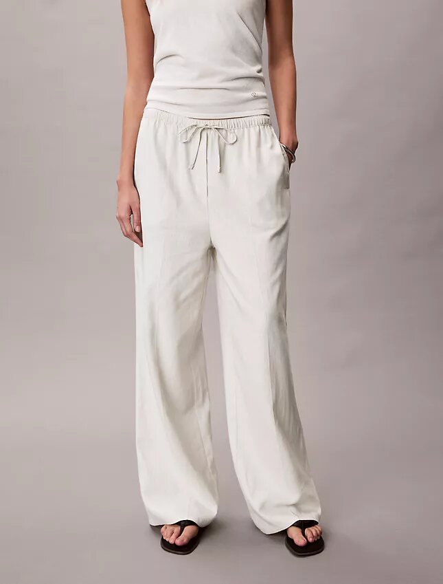Pantaloni a gamba larga con coulisse in misto lino Pantaloni a gamba larga con coulisse in misto lino