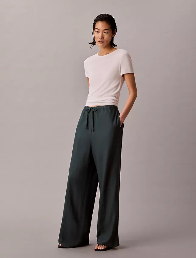 Pantaloni a gamba larga con coulisse in misto lino Pantaloni a gamba larga con coulisse in misto lino