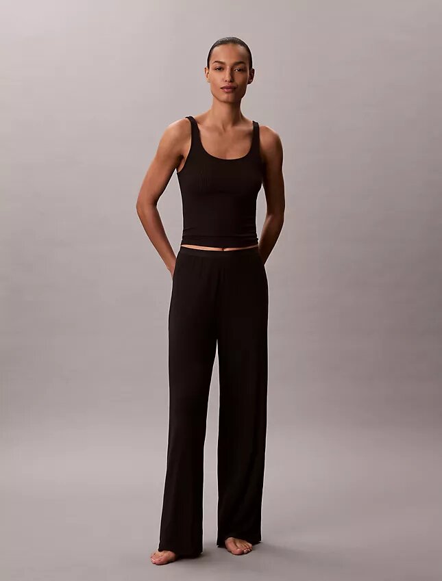 Pantaloni a gamba larga in Modal elasticizzato a trama larga Pantaloni a gamba larga in Modal elasticizzato a trama larga