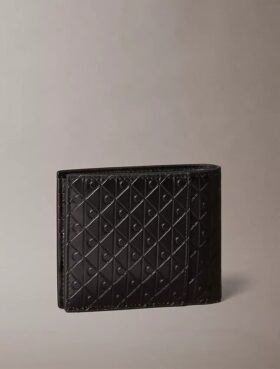 Portafoglio a doppia piega con monogramma goffrato su tutta la superficie e portamonete