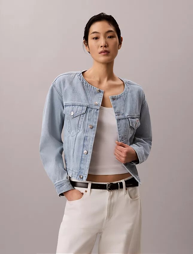 Trucker Jacket in denim corta senza colletto Trucker Jacket in denim corta senza colletto