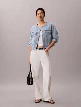 Trucker Jacket in denim corta senza colletto