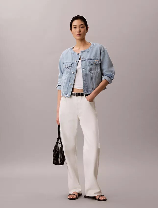 Trucker Jacket in denim corta senza colletto Trucker Jacket in denim corta senza colletto
