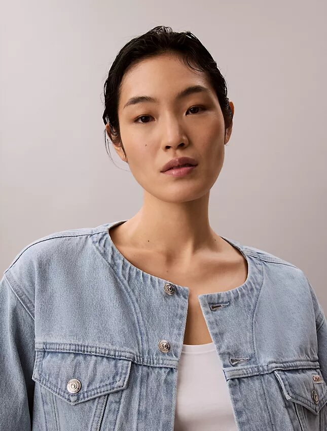 Trucker Jacket in denim corta senza colletto Trucker Jacket in denim corta senza colletto