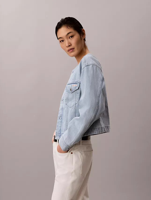 Trucker Jacket in denim corta senza colletto Trucker Jacket in denim corta senza colletto
